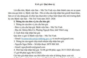 Yêu cầu báo giá  Quan trắc môi trường định kỳ cho Bệnh viện Sản – Nhi Trà Vinh năm 2025 -2026